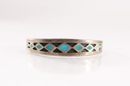 Native American Indian Sterling Silver and Turquoise Inlay Cuff Bracelet 2 in. x 2 1/2 in. x 1/2 in.