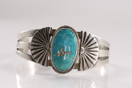 Native American Indian Sterling Silver and Turquoise Cuff Bracelet with Rays Design, 2 in. x 2 in. x