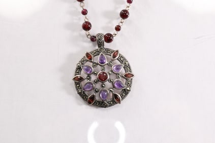 NF .925 Sterling Silver Blue Topaz, Citrine, Garnet, Purple Amethyst and Marcasites Ring size 5.25,