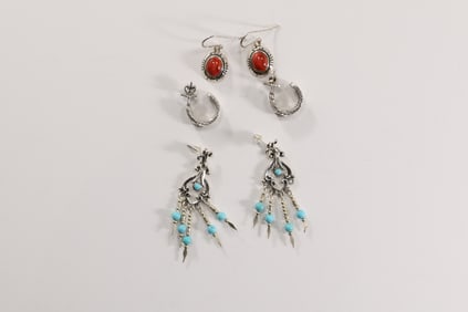 3 Pairs .925 Sterling Silver Earrings: QTC .925 Turquoise Beads Fringe Earrings 2 1/4 in. x 5/8 in.;