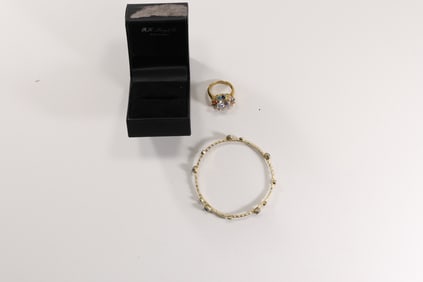 BBJ .925 Multi Color Glass / CZ Stones Ring size 9, 1 in. dia.; .925 Sterling Gold Tone Bangle with