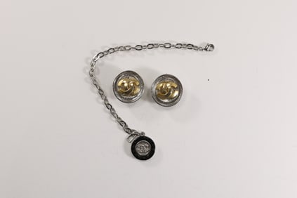 CHANEL Made in France Pierced Earrings 1 1/8 in. dia.; CHANEL Costume Bracelet 8 in. x 7/8 in.