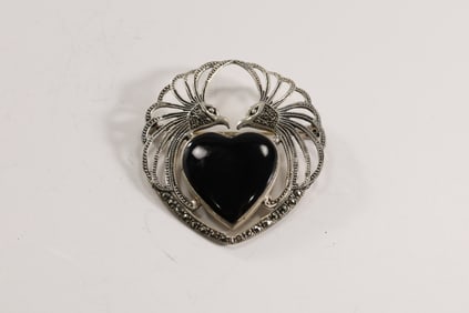 .925 Sterling Silver Pin with Black Onyx Heart and Marcasites Peacocks on Sides 2 in. x 1 3/4 in.
