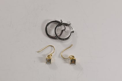 [2 Pair] .925 Sterling Silver Hoop Earrings 1 in. x 1/8 in.& .925 Sterling Vermeil with Iridescent