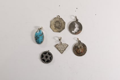 6 Assorted .925 Sterling Silver Pendants: Sterling and Turquoise Pendant 1 1/2 in. x 5/8 in.; .925 1