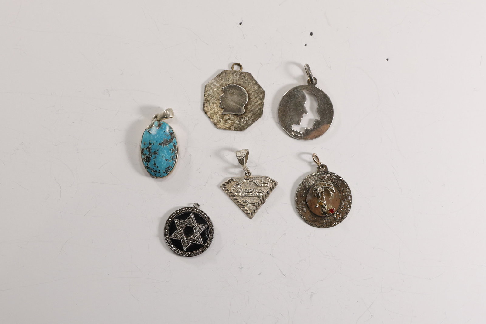 6 Assorted .925 Sterling Silver Pendants: Sterling and Turquoise Pendant 1 1/2 in. x 5/8 in.; .925 1 (1 of 20)