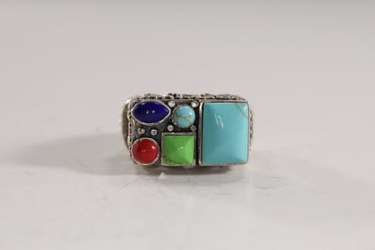 .925 Sterling Silver Cut-out Band with Beading around Turquoise, Lapis, Coral, Green Stone Ring size