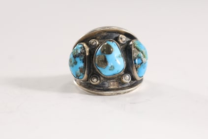 Sterling Silver and Turquoise Native American Indian Navajo Ring size 8.5 , 1 in. x 3/4 in. ; marked