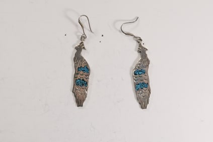 .925 Sterling Silver TC-92 Mexico Peacock with Inlaid Turquoise Drop Earrings 3 1/4 in. x 5/8 in.