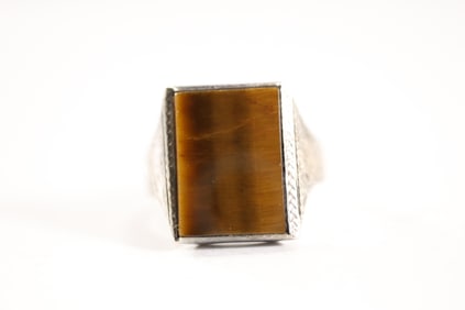 .925 Sterling Silver Tiger's Eye Men's Engraved Ring Size 11.25 , 1 in. x 7/8 in.