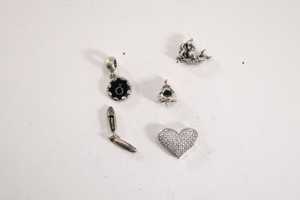 5 Assorted Sterling Silver Charms: Ballerina Slipper 3/4 in. x 3/8 in., Birthday Cake 5/8 in. x 1/2