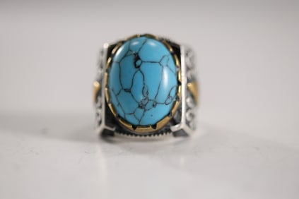 .925 Sterling Silver and 18K GOLD Men's Large Turquoise Stone Ring Size 11.5, Engraved Band, 1 in. x