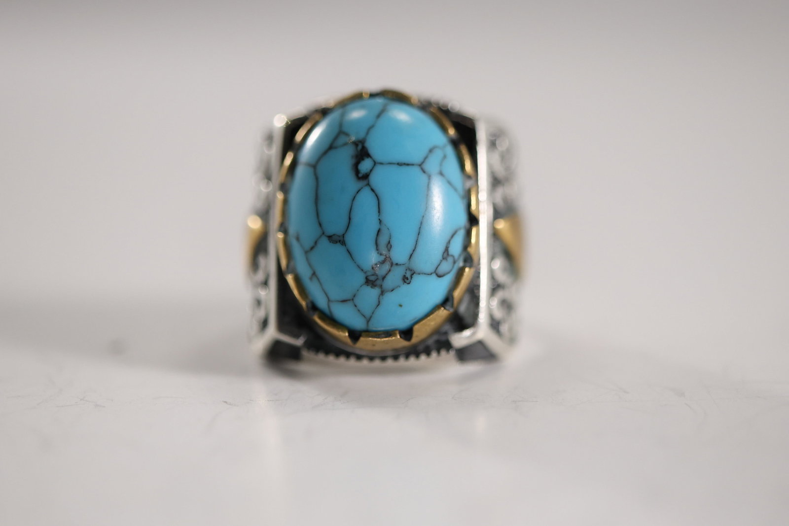 .925 Sterling Silver and 18K GOLD Men's Large Turquoise Stone Ring Size 11.5, Engraved Band, 1 in. x (1 of 20)