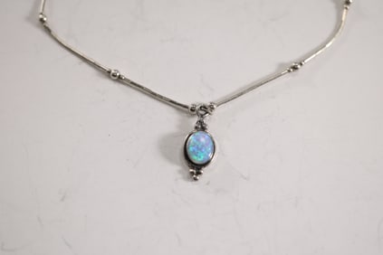 .925 Sterling Silver Opal Pendant 1 in. x 3/8 in. Necklace on .925 Sterling Silver 16 in. Chain