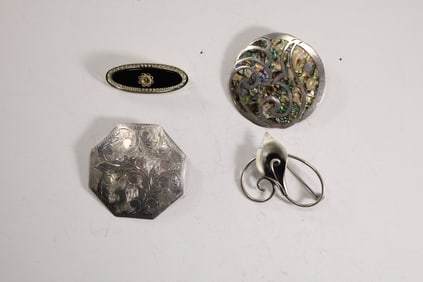 4 Assorted .925 Sterling Silver Pins: Siam .925 Sterling Etched Oct. Pin 1 3/4 in. dia.; ACD .925 Ta