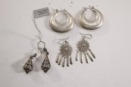 3 Pairs Assorted .925 Sterling Silver 22.2 grams Earrings: .925 Satin Finish Wide Hoop Earrings 1 3/