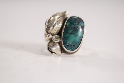 Sterling Silver EH Turquoise with Feather Symbols Native American Indian Navajo Ring Size 6.5