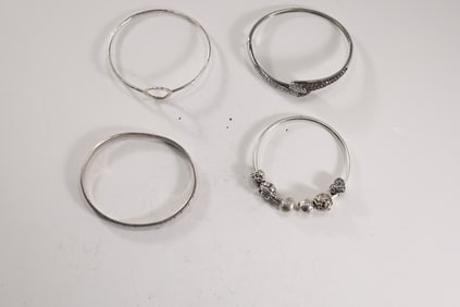 4 Assorted Sterling Silver 68.3 grams Bangle Bracelets: Pandora Bangle with 4 Sterling Beads 2 3/8 i