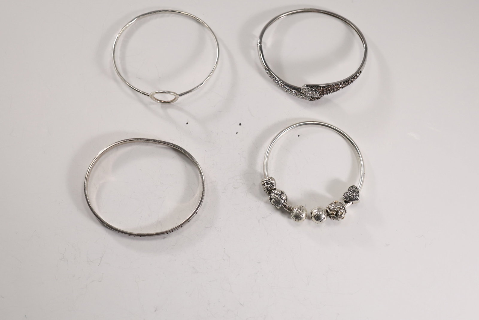 4 Assorted Sterling Silver 68.3 grams Bangle Bracelets: Pandora Bangle with 4 Sterling Beads 2 3/8 i (1 of 20)