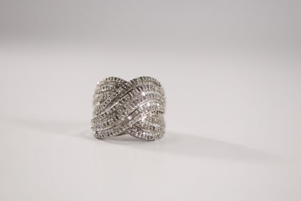 .925 Sterling Silver JWBR Diamond Cocktail Ring Size 8 , 1 in. x 3/4 in.