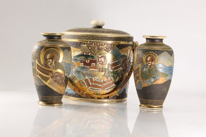 3 Vintage Japanese Satsuma Cracker Jar and 2 Vases, All Over Decoration Warriors