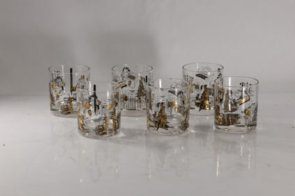 Set 6 Hazel Atlas Mid-Century Modern "Office Scenes" Whiskey Glasses - Barware