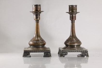 Pair 19th C. Antique Silver Plate Wash over Copper Napoleon III Candlesticks 11 in. height