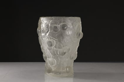 Josef Inwald Barolac Vase Satin Glass Circa 1930s w/ All Over Cherry Design 7.5 in. height