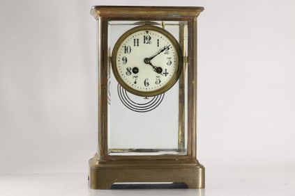 Antique Brass Crystal Glass Regulator Mantle Clock with Key and Pendulum 11 in. height x 8 in. wide