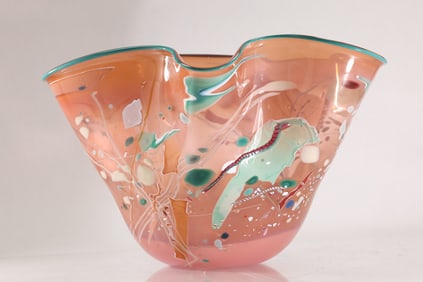 Signed STEPHEN R NELSON ABSTRACT ART GLASS BOWL Multi Colors in Pink 10 in. x 15 in. dia.