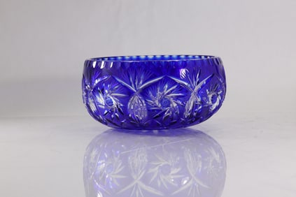 Bohemian Cobalt Blue Cut To Clear Deep Bowl 4 in. height x 8 in. diameter