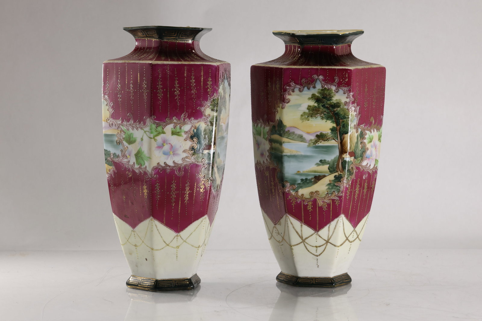 Pair Tall Nippon Porcelain Vases with Hand Painted Lake Landscape Scenic Panels 12 in. height (1 of 20)