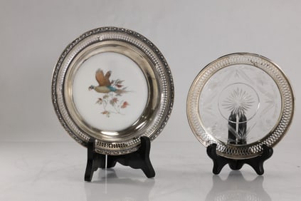 2 Sterling Rimmed Dishes, One has Porcelain :Pheasant" Center, Other is Cut Crystal Glass