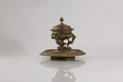 19th C. Bronze French Empire Desk Top Inkwell with 3 Satyr Figuers Holding the Well 6 in. x 7 in.