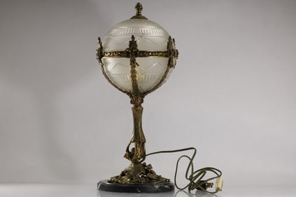 Circa 1920s Quality French Hollywood Regency Cut Glass Sphere Shade Table Lamp, Bronze, Marble