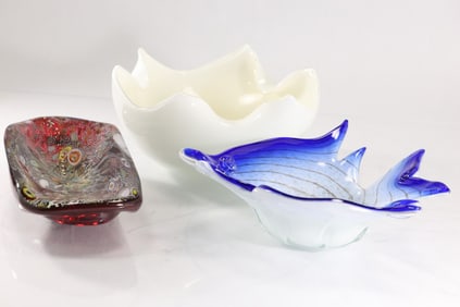 3 Murano Art Glass Bowls: Blue Fish Bowl, White Lotus Bowl; Red Multi Colors Bowl