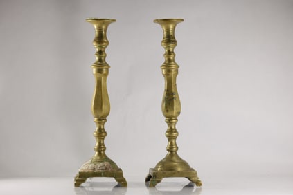 Pair Tall 19th C. Brass English Candlesticks 17.5 inches height x 6 in. wide at base