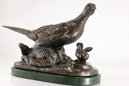 Hen Pheasant with Chick Sculpture, Bronze Cast with Good Patina, 10 in. height x 14 in. length