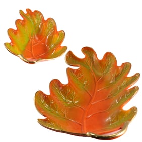 2 Orange Ceramic Leaf Serving Plates, USA, Mid-Century Modern, 18 inches length