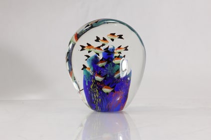 Vintage Murano Art Glass Tropical Fish School Aquarium Paperweight 6 in. x 6 in.