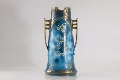 19th C. Art Nouveau Blue Porcelain Handled Vase with Front Panel of Flowers 11 in. height