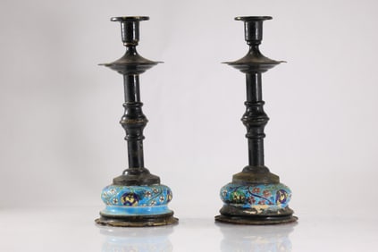 Pair of 19th C. Longwy Pottery Floral Base Candlesticks 10 in. height x 5 in. wide at base
