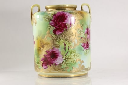 Large Art Nouveau Hand Painted Flowers and Gold Gilt Decoration Handled Porcelain Vase 10 in.