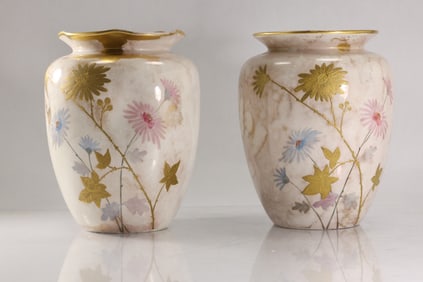 Pair 19th C. Mayer & Marsh BELLEEK Porcelain Vases Floral Decoration 9.5 in. height x 8 in. wide