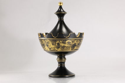 Black and Gold Italian Ceramic Covered Urn with Gold Decorative Scenes 12 in. height x 8 in. wide
