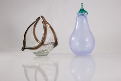 [2] Murano Art Glass Pear Figure and Murano Art Glass Basket Mid-Century Modern