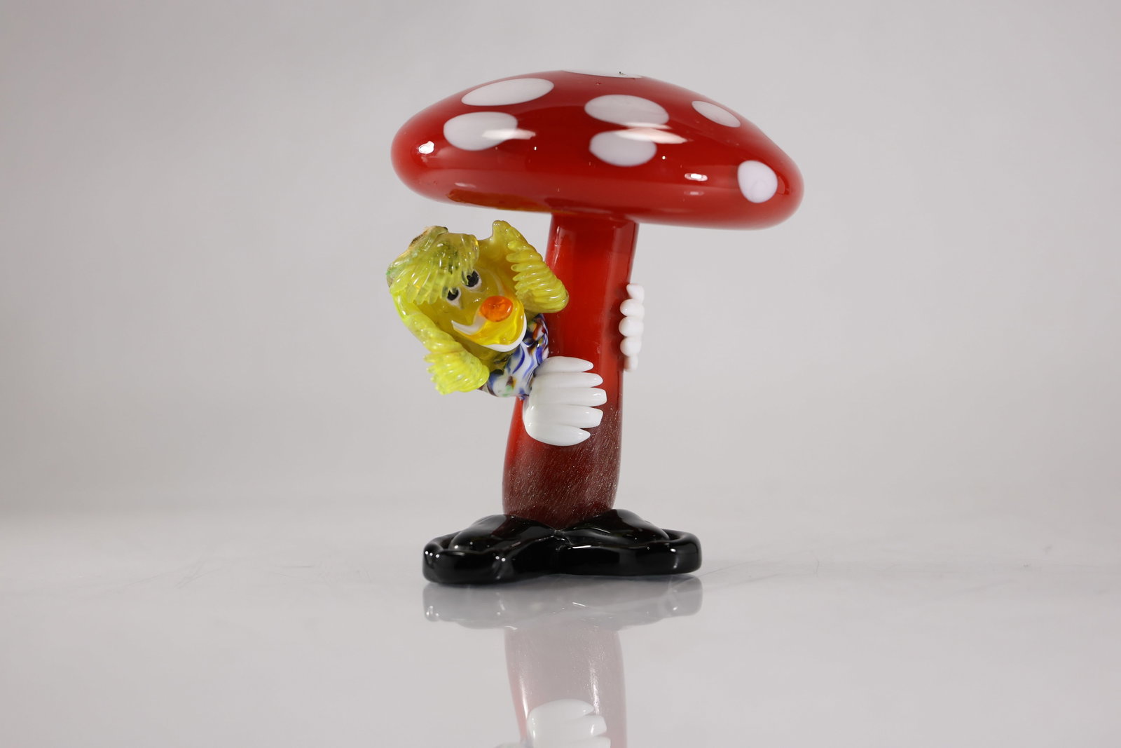 Whimsical Murano Art Glass Clown Hiding Under a Mushroom Sculpture 6 in. height x 7 in. wide: Whimsical Murano Art Glass Clown Hiding Under a Mushroom Sculpture 6 in. height x 7 in. wide. size: 6h x 7w