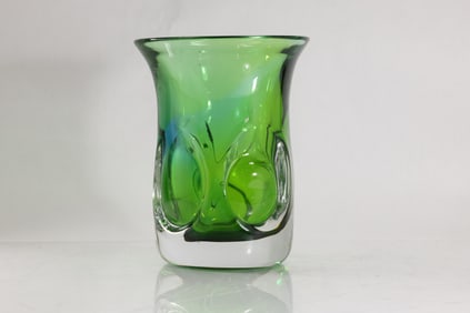 Göran Wärff, Kosta Boda Thick Green Art Glass Vase Pinched Base 8 in. height x 7 in. wide