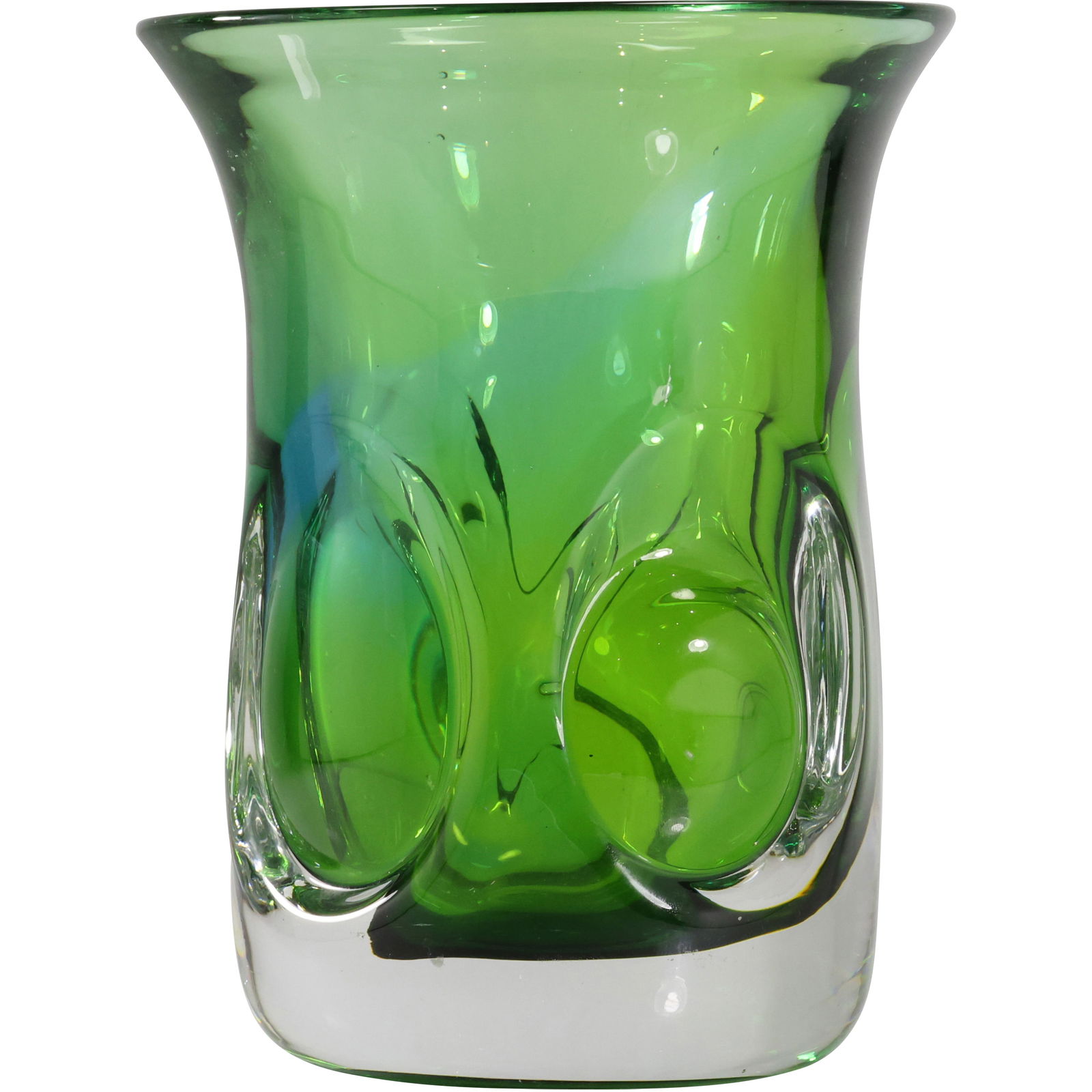Göran Wärff, Kosta Boda Thick Green Art Glass Vase Pinched Base 8 in. height x 7 in. wide: Göran Wärff, Kosta Boda Thick Green Art Glass Vase Pinched Base 8 in. height x 7 in. wide. size: 8h x 7w