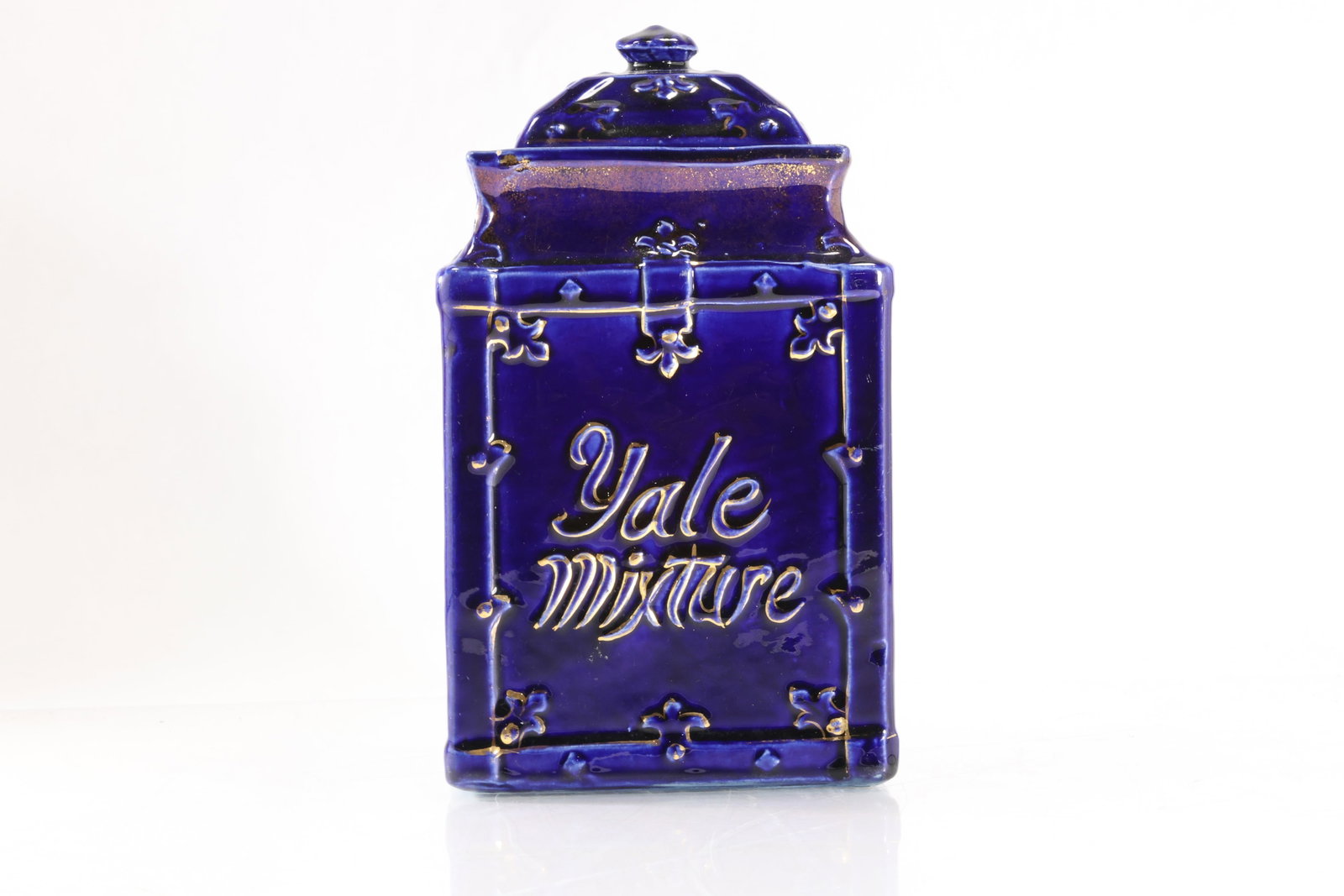 Antique Blue Ceramic “Yale Mixture” A Gentleman’s Smoke Tobacco Humidor Jar 9 in. height x: Antique Blue Ceramic “Yale Mixture” A Gentleman’s Smoke Tobacco Humidor Jar 9 in. height x 6 in. size: 9h x 6w